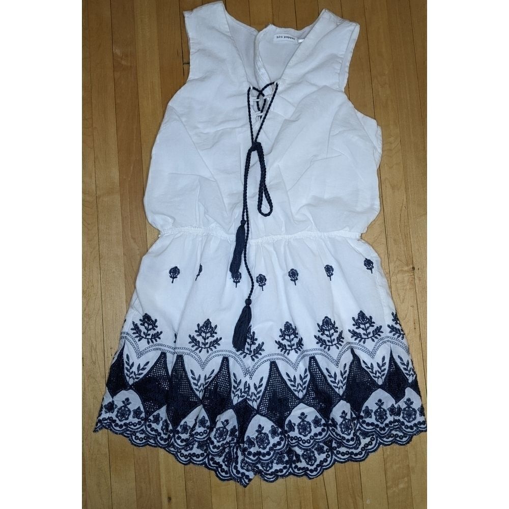 Blu Pepper white & navy blue embroidered romper